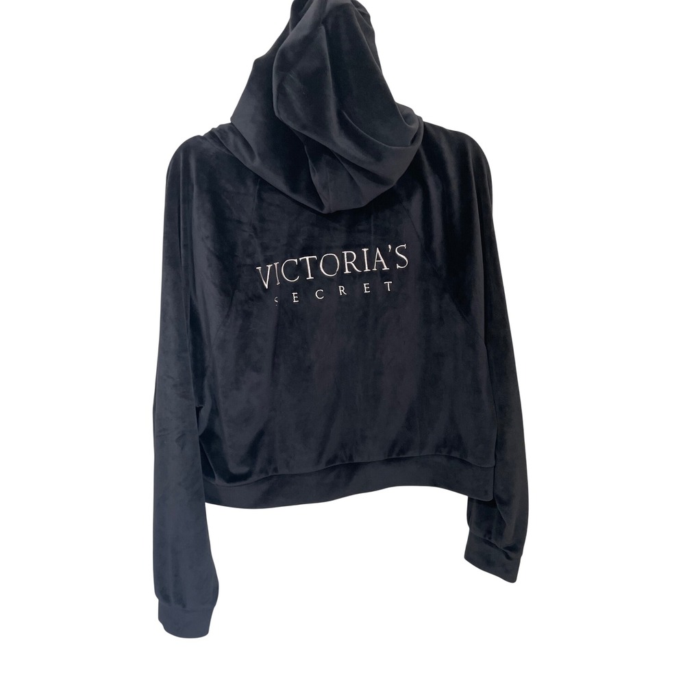 Victoria's Secret Size L Cropped Velour Hoodie Black Logo Embroidered Zip Up